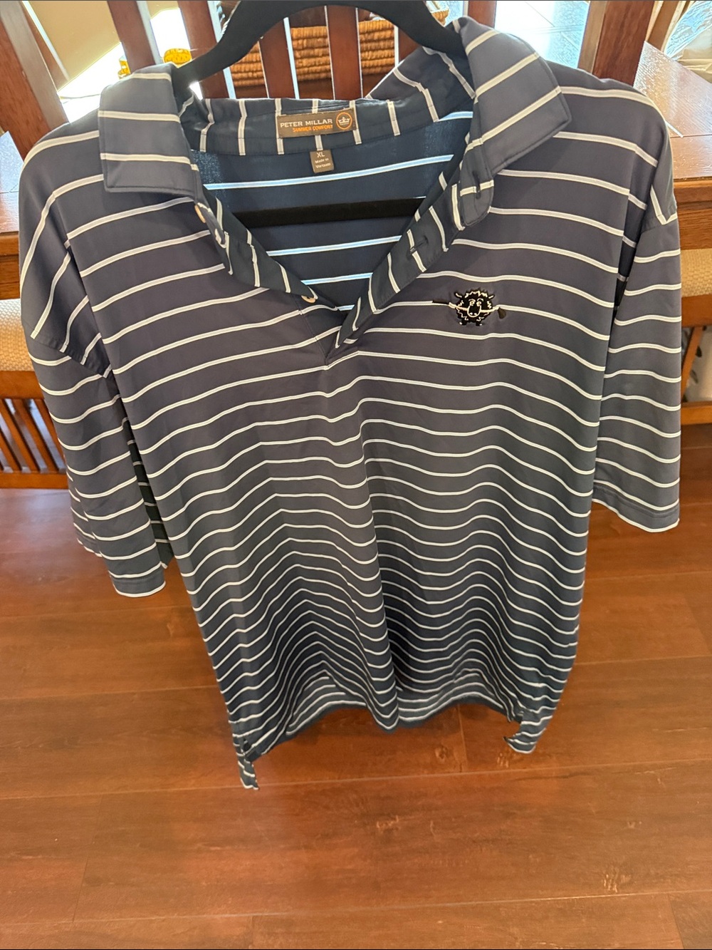 Peter Millar Navy and White Striped Polo Black Sheep golf course